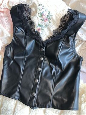 Black leather & lace bustier square neckline vest top M